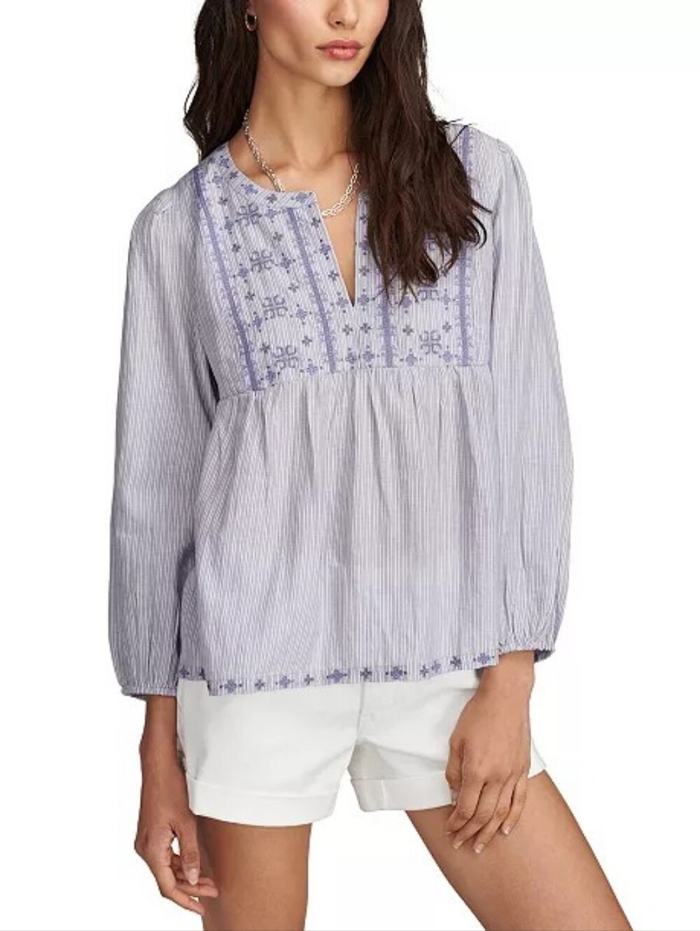 Lucky Brand Embroidered Striped Cotton Peasant Blouse